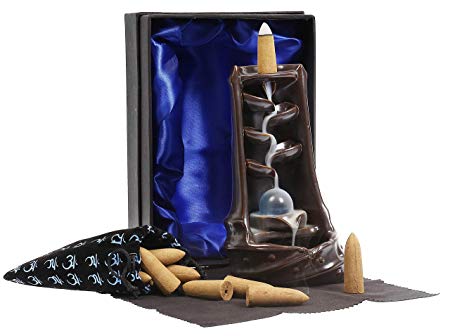 Feelin' Homey Ceramic Waterfall Backflow Incense Burner Holder   Gift Sack with 10 Natural Sandalwood Backflow Incense Cones | Perfect for Relaxation, Meditation, Yoga & as a Holiday Present