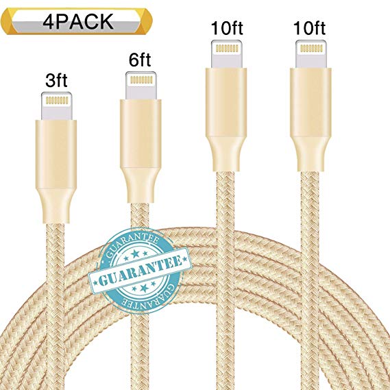 DANTENG Phone Cable 4Pack 3FT 6FT 10FT 10FT Nylon Braided Charging Cables USB Charger Cord, Compatible with Phone Xs MAX XR X 8 Plus 7 6 6 Plus 5S SE Pad Pod Nano-Gold