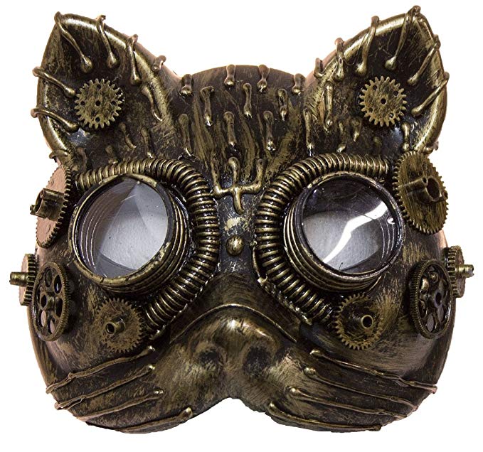 Costume Accessory - Antiqued Plastic Steampunk Cat Mask w/ Built in Goggles
