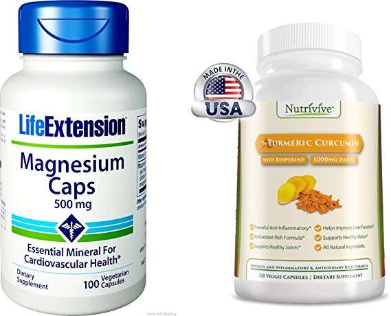 Life Extension Magnesium Caps (500mg, 100 Vegetarian Capsules) Plus **Bonus** Nutrivive Turmeric Curcumin with Bioperine, 120 Veggie Capsules