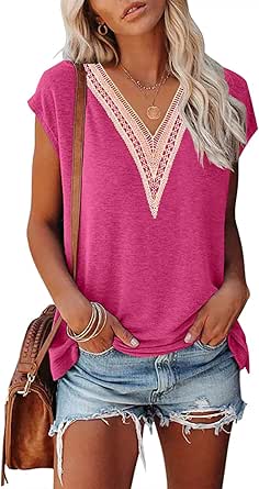 MEROKEETY Women's Casual Cap Sleeve Lace Trim V Neck Tops 2024 Summer Loose Tee Shirts Blous