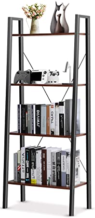 Pipishell Industrial Ladder Shelf, 4-Tier Bookshelf, Free Standing Bookcase Storage Rack Shelves Plant Flower Stand with Wood Look for Living Room, Bedroom, Kitchen, Bathroom, Home Office, Balcony