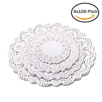 400-pack Round Lace Paper Doilies Decorative White Doily Lace Paper for Packaging Cake Pastry and Cookie (100-pack 4.5 Inch, 100-pack 6.5 Inch, 100-pack 8.5 Inch and 100-pack 10.5 Inch)