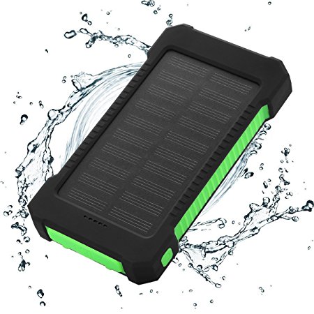 FLOUREON 10000mAh Solar Power Bank Charger Waterproof Portable External Battery with Dual USB for Android iPad iPhone Cellphones, LED Flashlight with Compass for Emergency (Green)