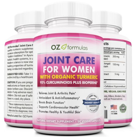 NEW! OZ Formulas Joint Care for Women with Organic Turmeric, 100% MONEY BACK GUARANTEE, All Natural, PLUS 95% Curcuminoids, Pain & Arthritic Relief & Support