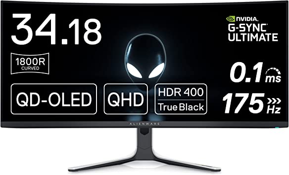 Alienware 34 Inch Curved Gaming Monitor QD-OLED, QHD, 175Hz Refresh Rate, 0.1ms Response Time, NVIDIA G-Sync Ultimate, 1440p Resolution, Lunar Light, AW3423DW