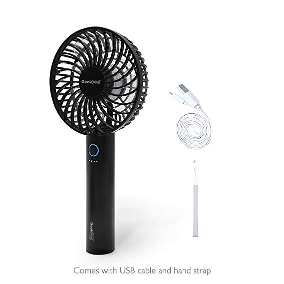 Battery Operated Fan, GeekAire Mini Portable Handheld Rechargeable Cordless Fan, Rechargeable Battery or USB Powered, 5 Speeds, Portable Design for Outdoor, Travel, Office - Black & 4 inch