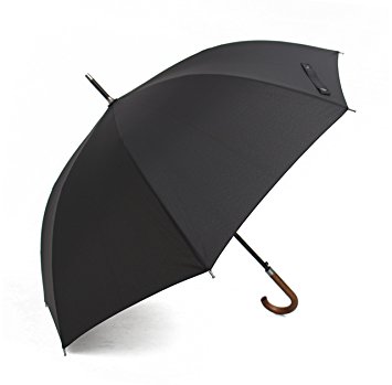 Parachase G9# Premium Unisex Wooden Hook Hanlde Ultrastrong Stormproof Auto Open Stick Large Umbrella Black