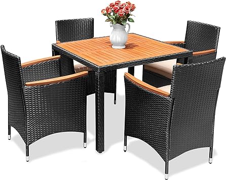 Flamaker 5 Piece Patio Dining Set Outdoor Acacia Wood Table and Chairs with Soft Cushions Wicker Patio Furniture for Deck, Backyard, Garden