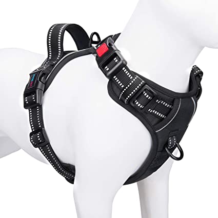 PHOEPET No Pull Dog Harness Reflective Adjustable Vest with a Training Handle, Name ID Pocket, 2 Metal Leash Hooks, 3 Snap Buckles [Easy to Put on & Take Off]