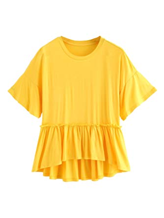 Romwe Women's Loose Ruffle Hem Short Sleeve High Low Peplum Blouse Top