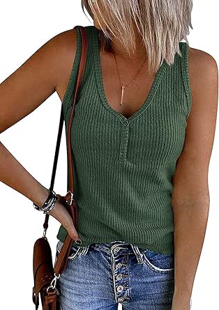 MEROKEETY Women's V Neck Tank Tops Summer Sleeveless Ribbed Button Casual Henley Shirts