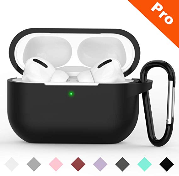 DigiHero Protective Cover Compatible with AirPods Pro Case, Shock-Absorbing Soft Slim Silicone Case Cover for Airpods pro Charging Case [2019 Release] [Front LED Visible] with Keychain(Black)