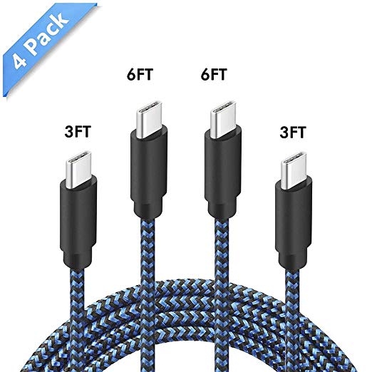 Mrkyy USB Type C Cable USB A to USB C Charger Cable 4Pack (3/3/6/6ft) Nylon Braided Fast Charging Cord for Samsung Galaxy S9/ S9 Plus/ S8/ S8 Plus/ Note 8/ LG G6/ G5/ V20/ V30/ OnePlus 5/ Nexus 6P/ 5X/ Lumia 950/ 950XL/ HTC 10/ Nintendo Switch/ Nokia N1 Tablet/ HUAWEI P10/ MATE9 Pro (Blue)