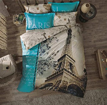 100% Turkish Cotton 3Pcs!! Paris Eiffel Tower Theme Single Twin Size Duvet Quilt Cover Set Bedding Linens Made in Turkey