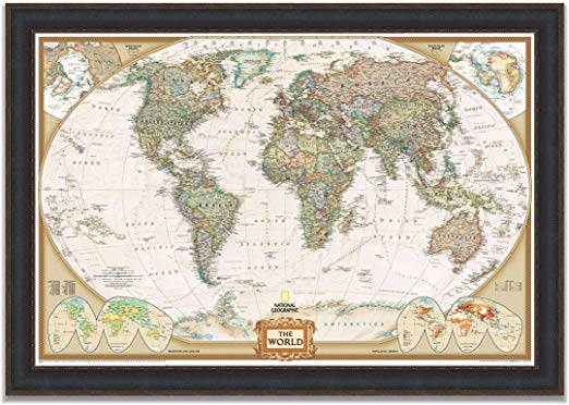 Renditions Gallery Black Leather Frame Executive National Geographic Travel Map with Push Pins, Wall Art for Living Room, Bedroom, Office, 24x34,
