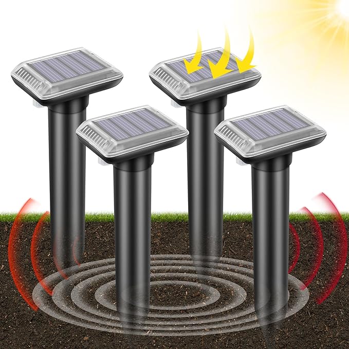 Mole Repellent Solar Powered 4 Packs Ultrasonic Snake Repeller, Outdoor Waterproof Groundhog Deterrent Vibration Stakes, Get Rid of Mole/Gopher/Snake/Vole/Other Underground Pests for Lawn/Garden/Yard