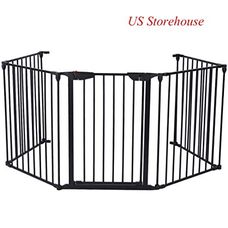 Lovinland Metal Baby Gate Fireplace Gate 5 Panels Fireplace Fence Pet Gate with Auto Close Door for Toddler Pet Dog Cat