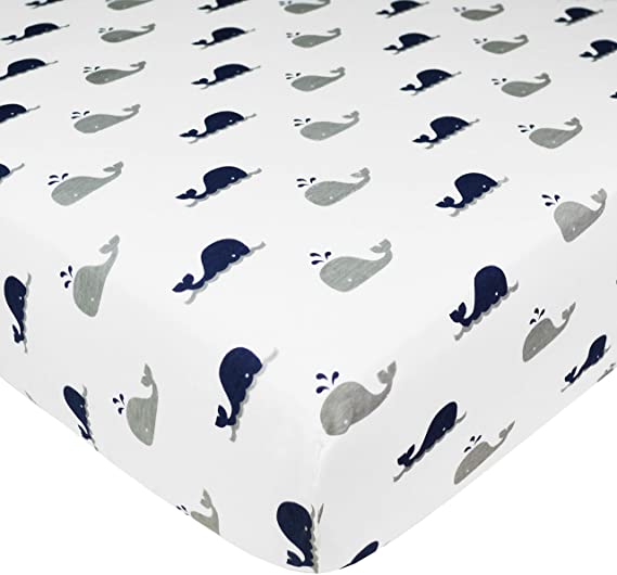 American Baby Company Printed 100% Cotton Jersey Knit Fitted Crib Sheet for Standard Crib & Toddler Mattresses, Navy Whale, for Boys & Girls