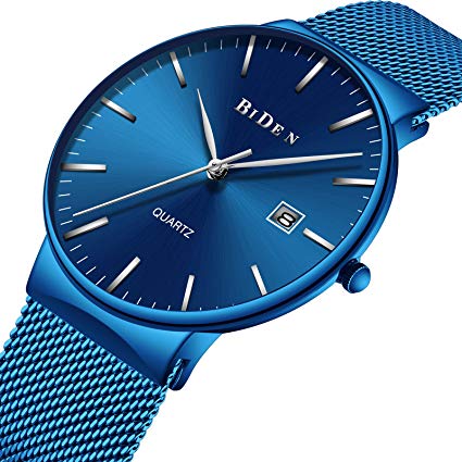 Watches,Men's Fashion Slim Minimalist waterproof Watch stainless steel Analogue Quartz watches Date with Blue Mesh Band