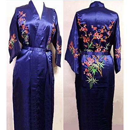 Chinese Women's Silk Satin Embroidery Kimono Robe Gown Flowers (Blue, XXL)