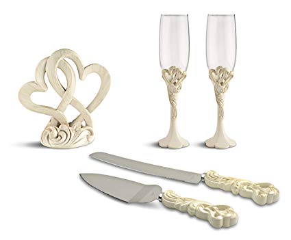 Fashioncraft Wedding Reception Cake Topper Centerpiece with Knife and Server Set and Toasting Flute Glasses (Vintage Double Heart)