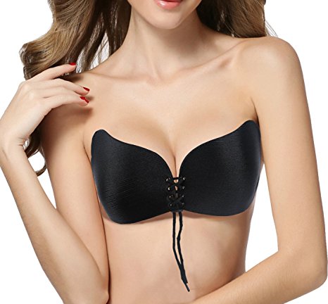 ZuLves Adhesive Bra Strapless Invisible Bra Push-up Silicone Sexy Bra with Drawstring for Women