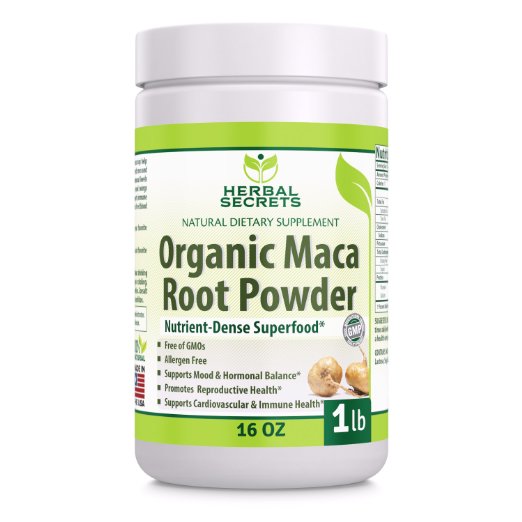 Herbal Secrets Organic Maca Root Powder- 16 oz (1 lb)- GMO FREE- Supports Healthy Mood, Hormonal Balance, Cardiovascular Health & Immune Health