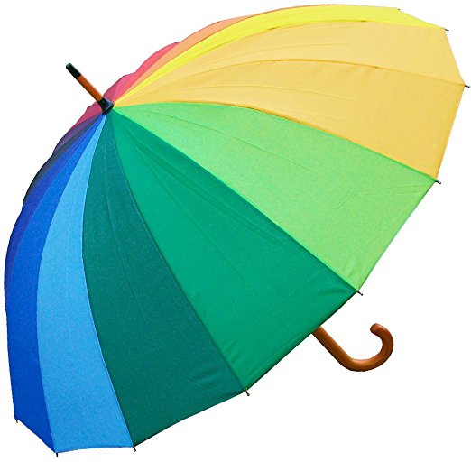 RainStoppers Auto Open 16-Panel Rainbow Umbrella with Wood Hook Handle, 48-Inch