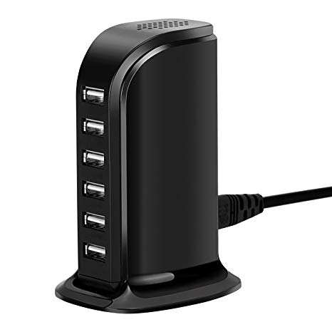 USB Wall Charger 6-Port Desktop Charger, Vid Goo Travel Charging Station With Smart IC Tech For Android Iphone X/8/7/6s Plus/Ipad/Galaxy S7/Note 5 And More (Black)
