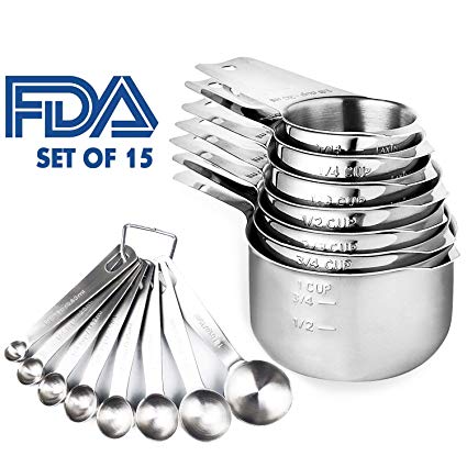 Stainless Steel Measuring Cups and Spoons, 15 Piece Stacking Kitchen Measuring Tool, 7 Cups and 8 Spoons for Cooking and Baking