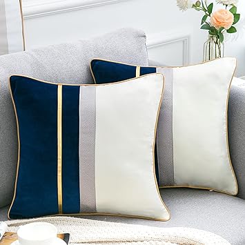 Velvet Cushion Covers 50cm x 50cm Set of 2 Navy Blue Square Pillowcases Modern Luxury Patchwork Gold Leather Striped Throw Pillow Covers 20x20 inch for Couch Bed Car Office Home Decor