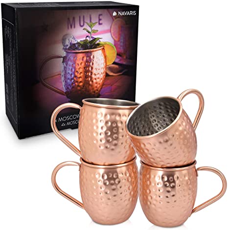 Navaris 4x Moscow Mule Copper Mugs - 500ml / 16.9oz Set of 4 Copper Plated Stainless Steel Cups with Large Handle for Ice Cold Drinks, Beer, Cocktails