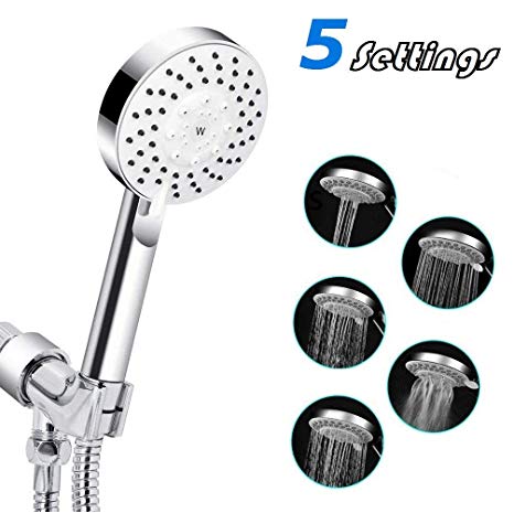 High Pressure Handheld Shower Head, Wodgreat 5 Spray Settings Powerful Anti-leak Showerhead with Adjustable Bracket and 60" Stainless Steel Hose, Easy to Install, Chrome