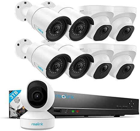 Reolink Surveillance Camera System Bundle, 4pcs 5MP HD Outdoor Bullet Security Cameras and 4pcs Dome Cameras, a 5MP PTZ Indoor WiFi Security Camera, a 16CH NVR with 3TB HDD(Include 8 x 18M Cat5 Cable