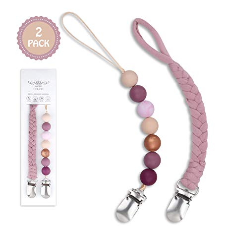 Kapihouse Pacifier Clips Universal sofy Braided Pacifier Holder & Silicone Beaded Binky Holder Teether Toy Leash Baby Shower Gift (Dark Pink)