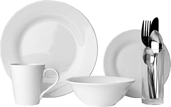 Sabichi 9pc Solo Dining Set, White, Porcelain, Plates, Bowl, Cutlery, Mug & Glass. Ideal for Students