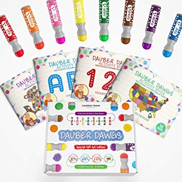 Washable Dot Markers 8 Pack With 121 Activity Sheets For Kids, Gift Set With Toddler Art Activities, Preschool Children Arts Crafts Supplies Kit, Special Holiday Bingo Dabbers Dobbers, Dauber Dawgs