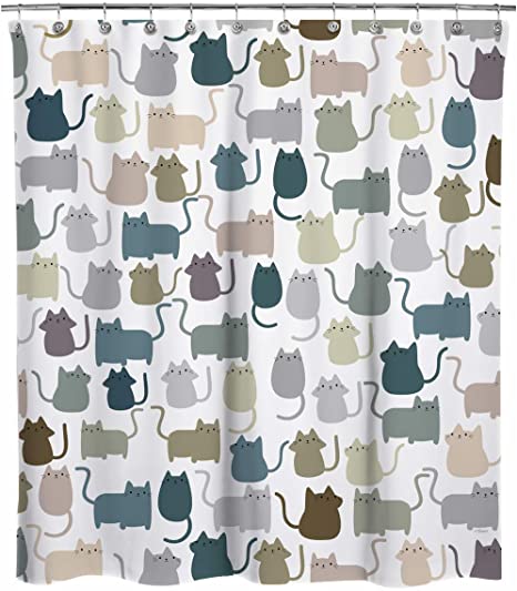 Sunlit Design Extra Long Lovely Multicoloured Cartoon Cats Fabric Shower Curtain, Cute Cats Bathroom Decoration Curtains