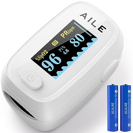 Pulse Oximeter with Fingertip Oxygen Meter : AILE Compact Fingertip Pulse Oximeter - Blood Oxygen/Heart Rate Monitor - 4 Color Screen Display - Including 2AAA Batteries for Athletic & Home (White)