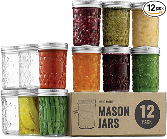 Paksh Novelty Mason Jars 8 oz - 12-Pack Quilted Wide Mouth Glass Jars with Lid & Seal Bands - Airtight Container for Pickling, Canning, Candles, Home Decor, Overnight Oats, Fruit Preserves, Jam or Jelly