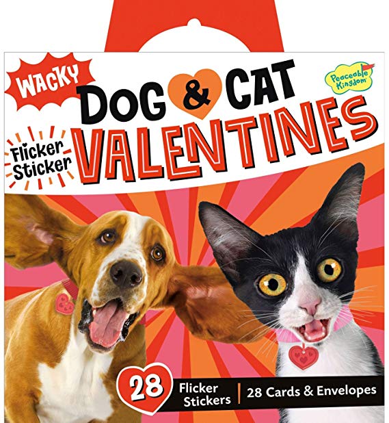 Peaceable Kingdom Wacky Dog & Cat Flicker Sticker 28 Card Super Valentines Pack