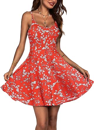 ACEVOG Women's 2024 Summer Dress Adjustable Spaghetti Strap Boho Floral Fit & Flare Beach Sundress