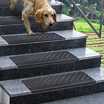 Ottomanson Rubber Collection Checkers Non-Slip Design Stair Treads, 5 Pack, 10" X 30", Black