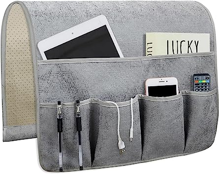 Sofa Armrest Organize remote holder bedside caddy organizer with 5 pockets，non-slip couch control armchair accessories (35''x18'', Grey), Gray