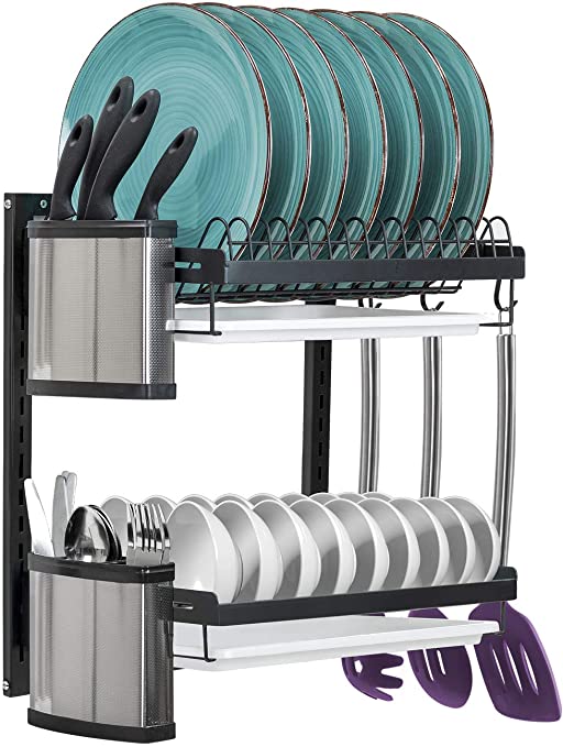 Sorbus Dish Drying Rack, 2-Tier Hanging Wall Mount Drying Organizer Storage Shelf Drainer for Dishes, Bowls, Utensils, Includes Drain Trays and 3 Hooks for Kitchen Sink, Metal (Black)