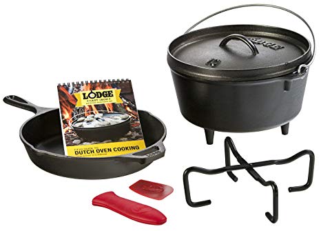 Lodge 7 Piece Sporting Goods Cast Iron Cookware Set - 10.25” Cast Iron Skillet, 5 Qt. Camp Dutch Oven, and Accessories