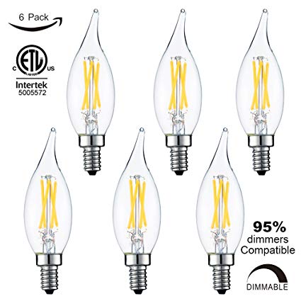 LiteHistory Dimmable 4W 2700K CA10 led Bulb E12 Edison Candelabra led 400lm 40W Flame tip 6Pack