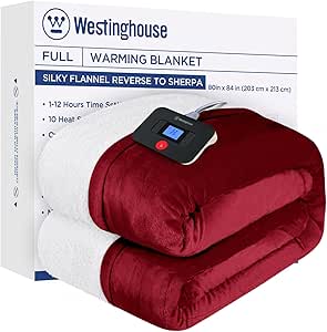 Westinghouse Electric Blanket Full, Heated Blanket Full Size with 10 Heating Levels and 1 to 12 Hours Heating Time Settings, Flannel to Sherpa Reversible, Machine Washable (80" x 84", Red)