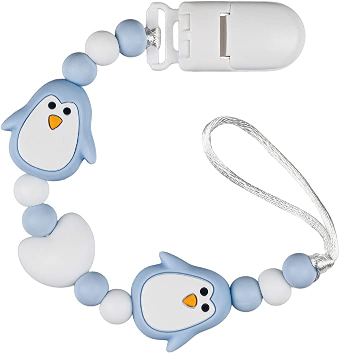 PREMYO Dummy Clip Pacifier Holder Boy - Baby Teething Silicone Beads - Soother Chain Penguin Blue